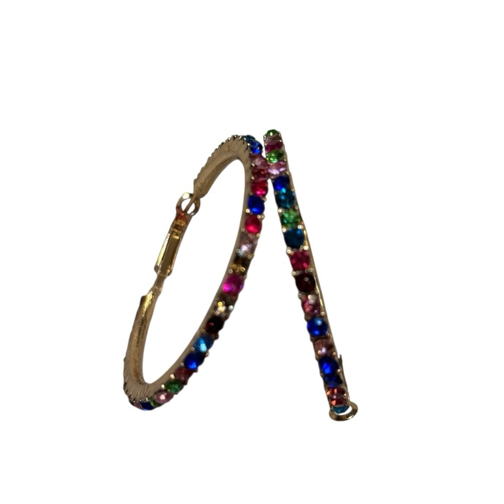 🇺🇸 NEW Earrings Multicolored Rhinestone Hoops Gold-Tone Rainbow Crystal Pierced
